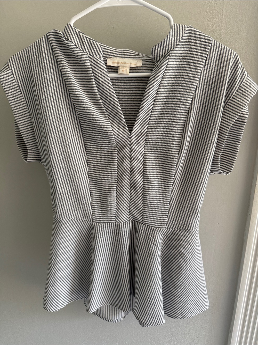 Striped V-Neck Peplum Blouse - Black & White